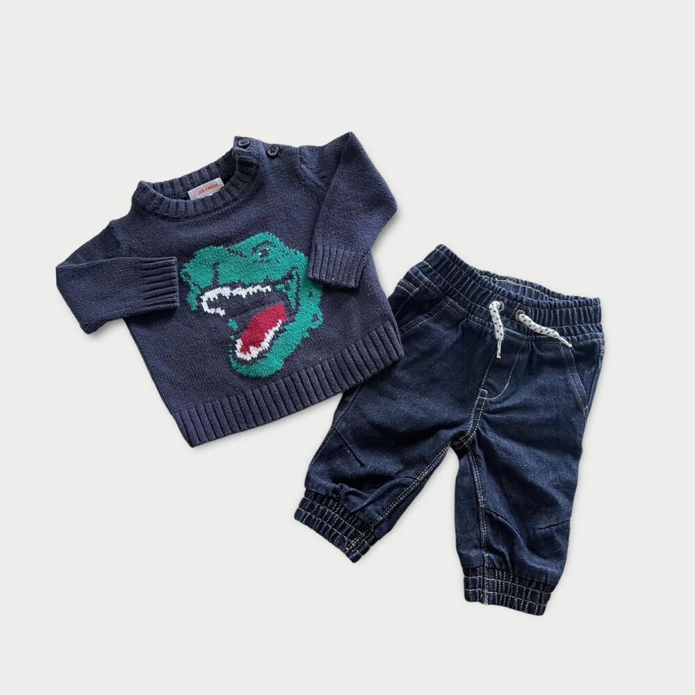 Infant Baby Joe Fresh T-Rex Dinosaur Knit Sweater w/ Jean Outfit Set Bundle 3mos